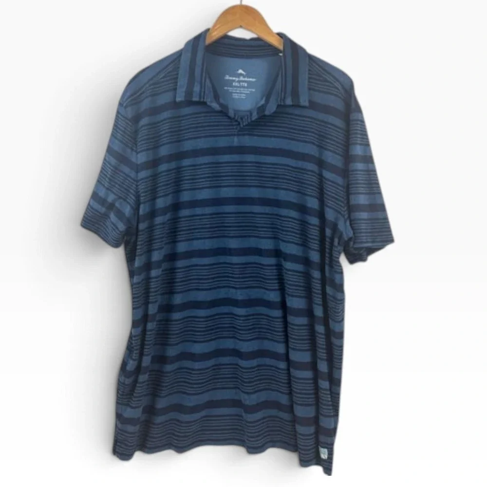 Tommy Bahama Relax Mens XXL Blue Striped Short Sleeve Pima Cotton Blend Polo